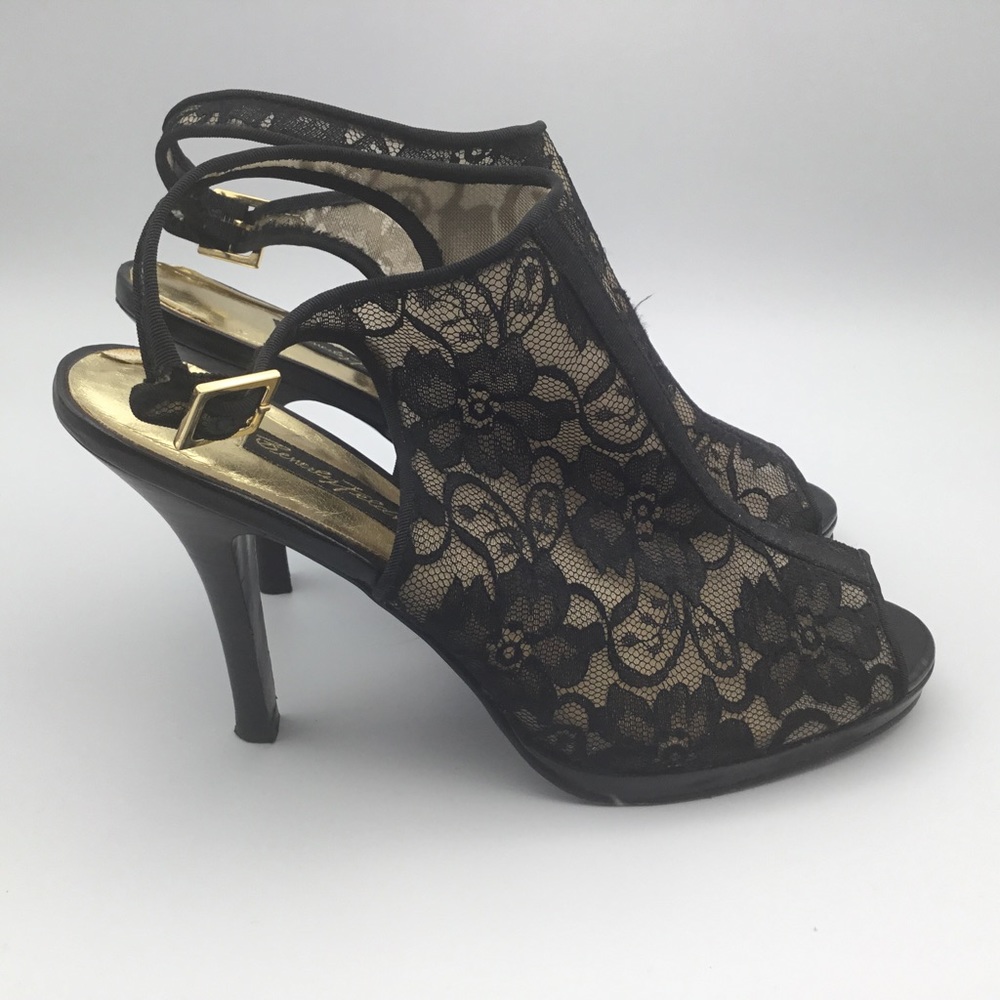 BEVERLY FELDMAN black lace heel peep toe bootie 8M 8